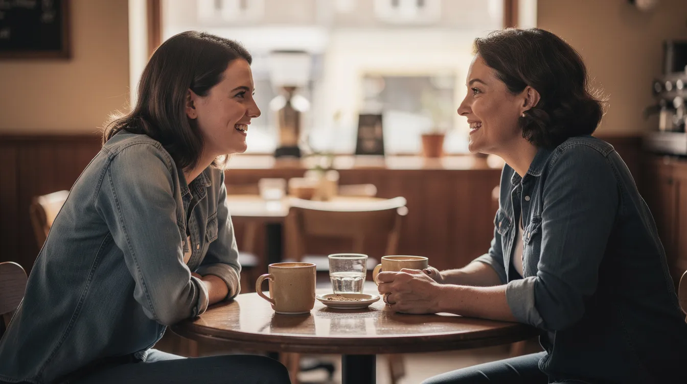 The image depicts two people enjoying a casual coffee date, smiling at each other across a small table, suggesting a moment of emotional connection and mutual respect. Their interaction reflects the potential for a meaningful conversation, highlighting the importance of compatibility and shared values in building a successful relationship.