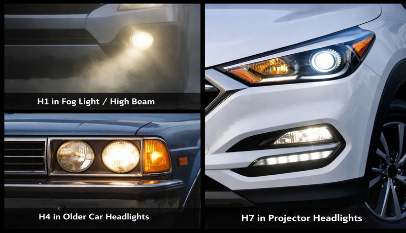 Vehicle headlight applications for H1, H4, and H7 bulbs