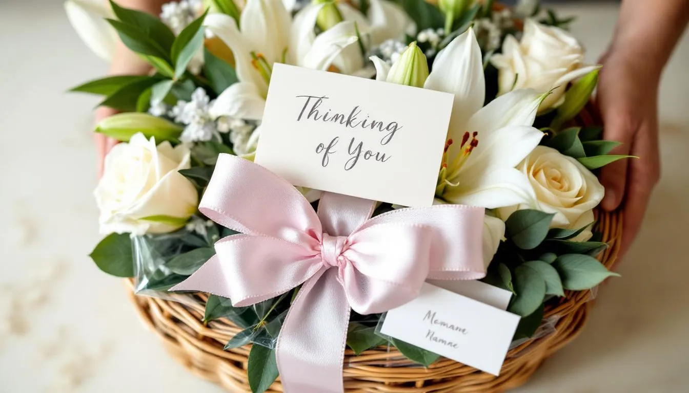 A freshly assembled sympathy gift basket is being carefully packaged for delivery, filled with a thoughtful selection of sweet and savory snacks, baked goods, and chocolates. This condolence gift is designed to offer comfort and support to grieving family members during a difficult time.