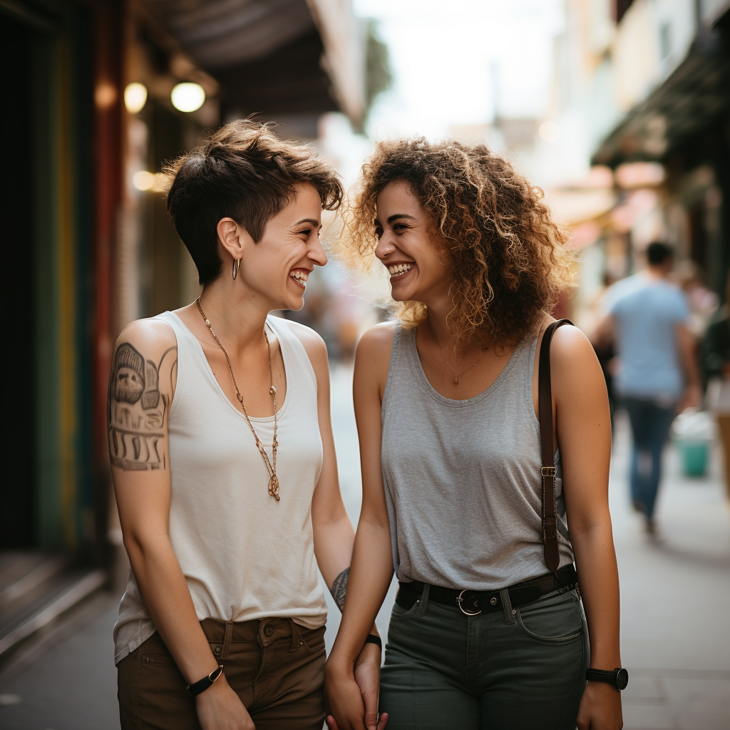 Two female couple smiling sweetly at each other.