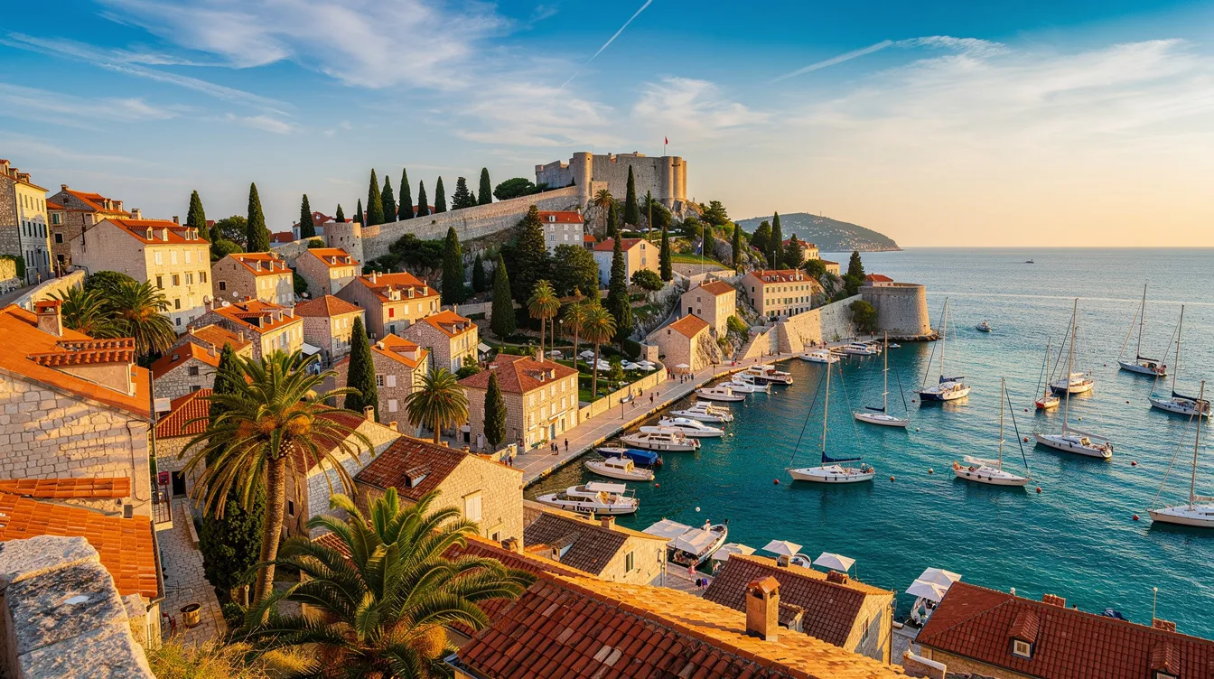 A imagem mostra a bela cidade de Hvar, na Croácia, com suas praias ensolaradas e o centro histórico repleto de palácios e igrejas, como a Igreja de São Marcos. Ao fundo, é possível ver o pôr do sol refletindo nas águas do mar, criando um cenário perfeito para férias de verão.