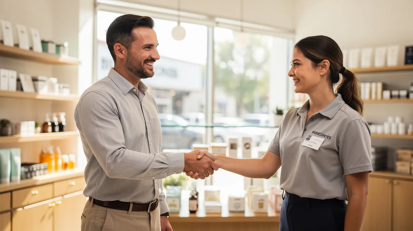 A small business owner is shaking hands with an employee inside a bright retail shop, symbolizing teamwork and collaboration in the context of running a 中小 企. The scene conveys a positive atmosphere, highlighting the importance of relationships in business operations.
