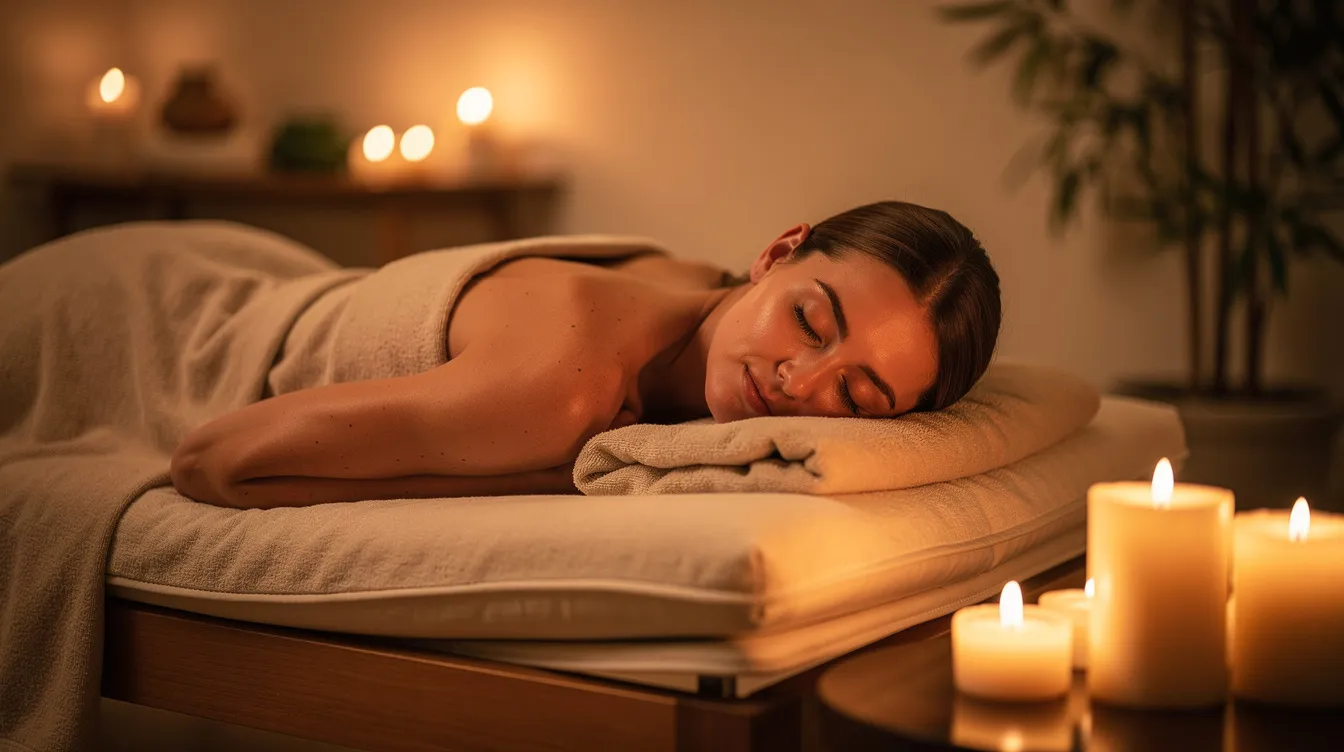 Na obrazie widoczna jest osoba leżąca na wygodnym materacu spa, z&nbsp;zamkniętymi oczami, w&nbsp;atmosferze głębokiego odprężenia, otoczona ciepłym światłem świec. Scena emanuje spokojem i&nbsp;relaksem, co idealnie oddaje wpływ masażu tajskiego na zdrowie oraz dobre samopoczucie.