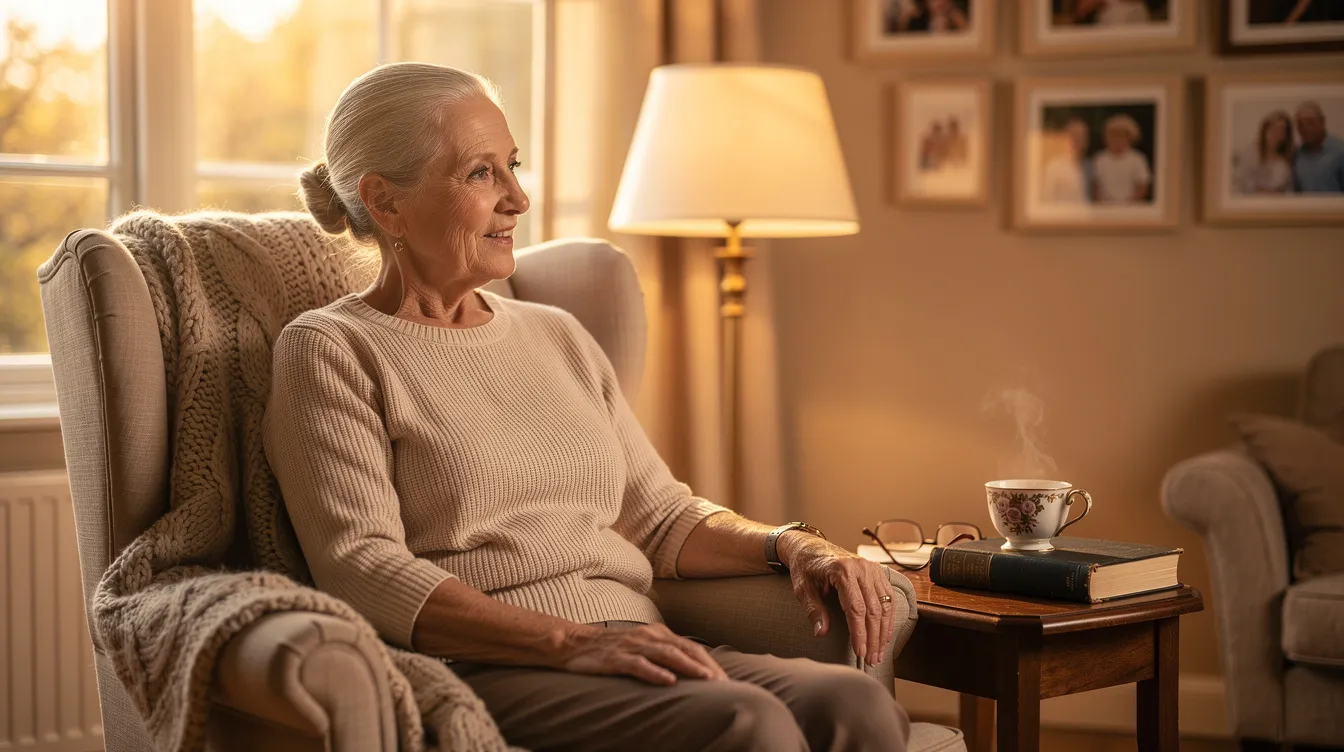 An elderly woman is sitting comfortably in a sunlit living room, surrounded by a warm atmosphere created by a lamp, with a cup of tea on the side table. This scene reflects the essence of home care, emphasizing the importance of comfort and support for older adults as they age in place.