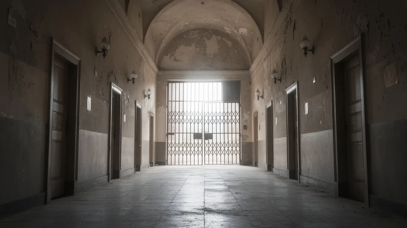 Ein langer, symmetrischer Korridor in einem alten institutionellen Gebäude führt zu einem Gittertor am Ende, das von dramatischem Licht beleuchtet wird. Diese Szenerie erinnert an die düstere Atmosphäre des Psychothrillers "Shutter Island", in dem die Charaktere wie Teddy Daniels, gespielt von Leonardo DiCaprio, mit Wahn und Realität konfrontiert werden.