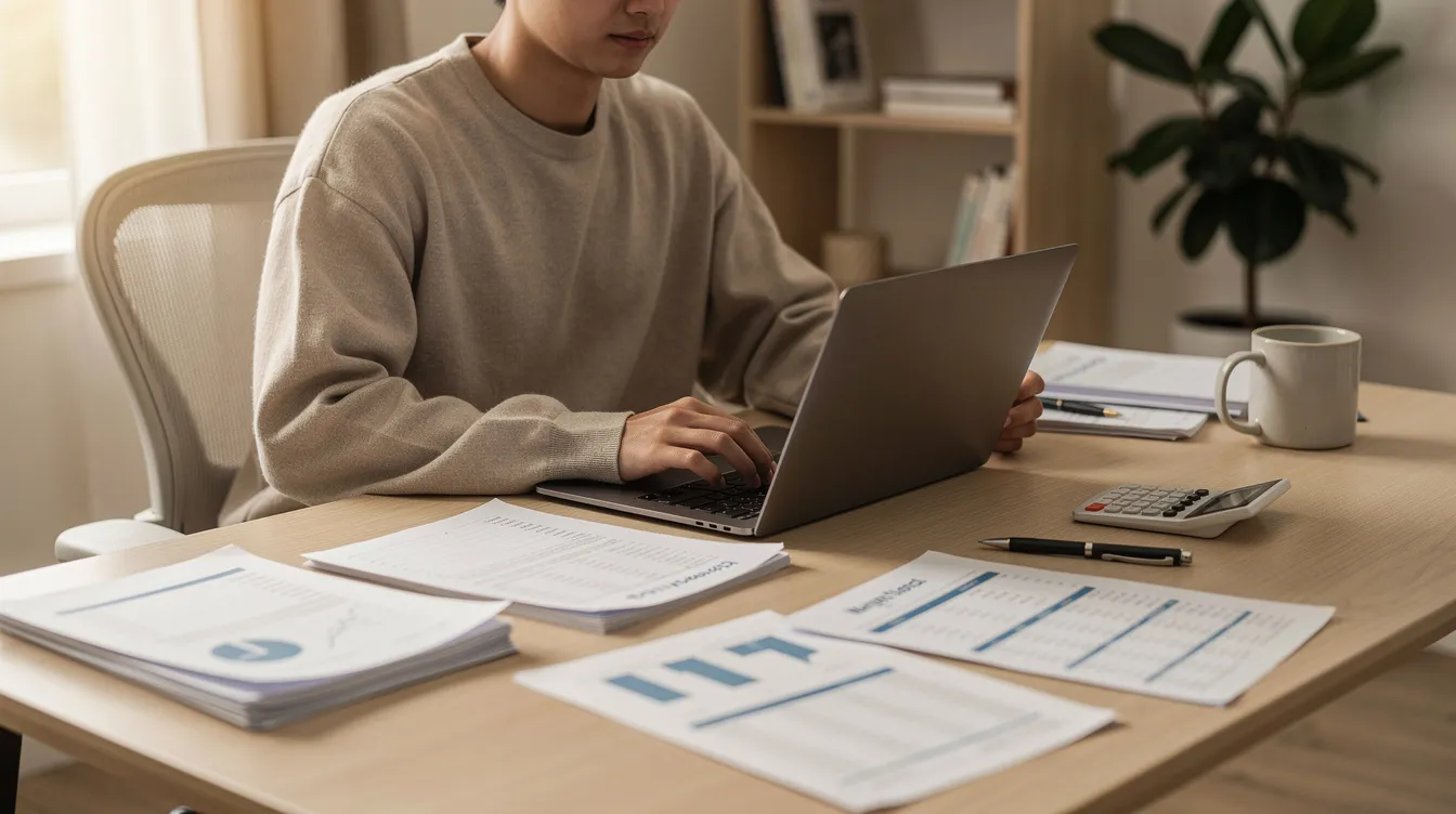 93da3864 0a6e 4aca 8a92 362755ebab2e The image shows a person seated at a home office desk, intently working on a laptop, with financial documents and papers scattered nearby. This setup suggests a focus on managing finances, potentially involving loan applications or business plans, highlighting the importance of credit history and eligibility criteria for securing a mudra loan.