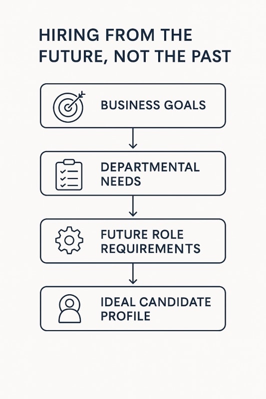 A minimalist flowchart infographic titled "Hiring From the Future, Not the Past." It shows a four-step vertical sequence with arrows connecting each step: Business Goals → Departmental Needs → Future Role Requirements → Ideal Candidate Profile. Each step includes a simple line icon and bold navy text on a white background, emphasizing a forward-looking, strategic approach to hiring. ChatGPT fragen