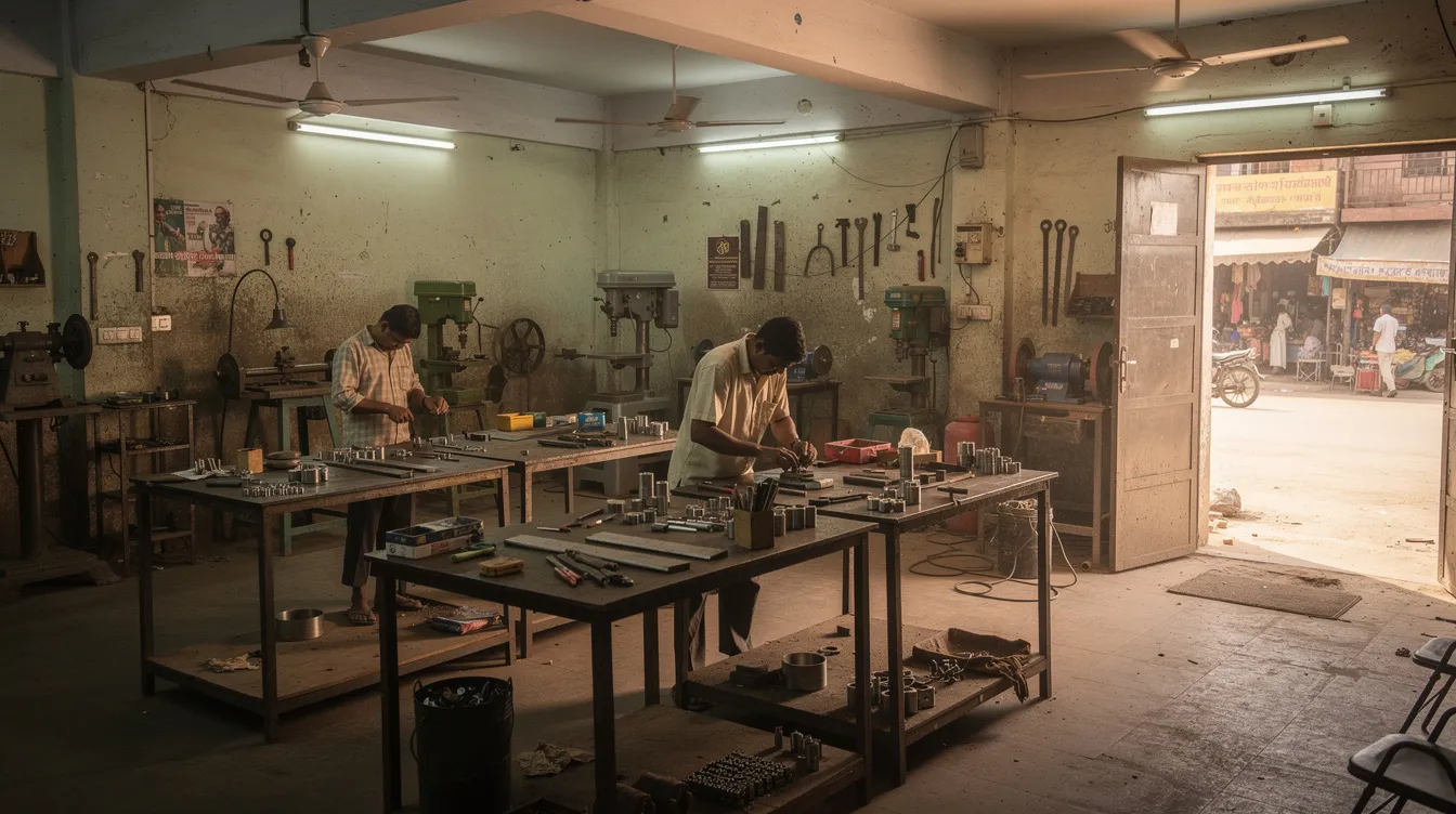 93dc938a 31f7 434a 8870 7533273ccba8 The image depicts a small Indian manufacturing workshop equipped with basic machinery and work tables, where employees are engaged in various commercial manufacturing processes. This setting reflects the essence of micro enterprises, highlighting the space and land requirements essential for projects supported by the Mudra loan scheme.