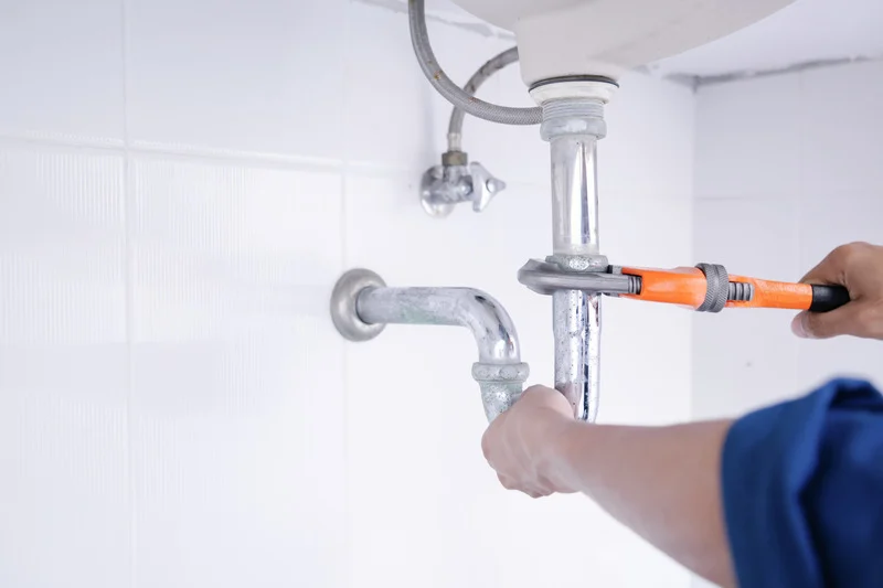 Hand eines Installateurs arbeitet mit einer Rohrzange an einem Wasserhahn.