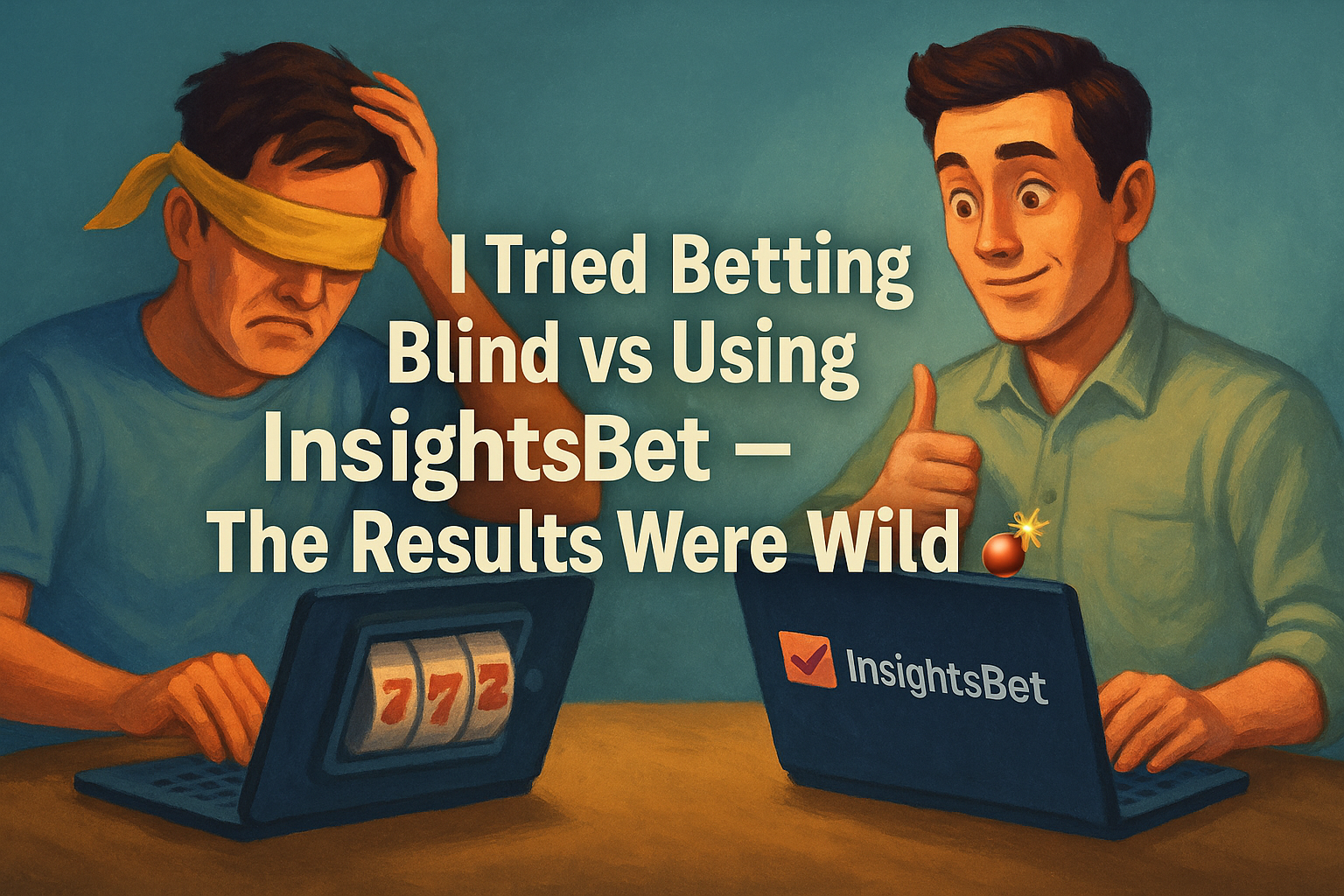 A semi-realistic digital illustration of a reflective bettor sitting in front of two contrasting screens — one chaotic and dark representing betting blind, the other organized and glowing with InsightsBet data — symbolizing a comparison experiment between risky and informed betting decisions.