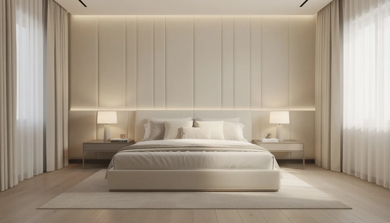 Een luxueuze slaapkamer met crèmekleurige gestoffeerde wandpanelen die een stijlvolle uitstraling geven achter een groot bed met zachte kussens. De wandbekleding voegt een vleugje elegantie toe aan de ruimte en zorgt voor een warme en uitnodigende sfeer.