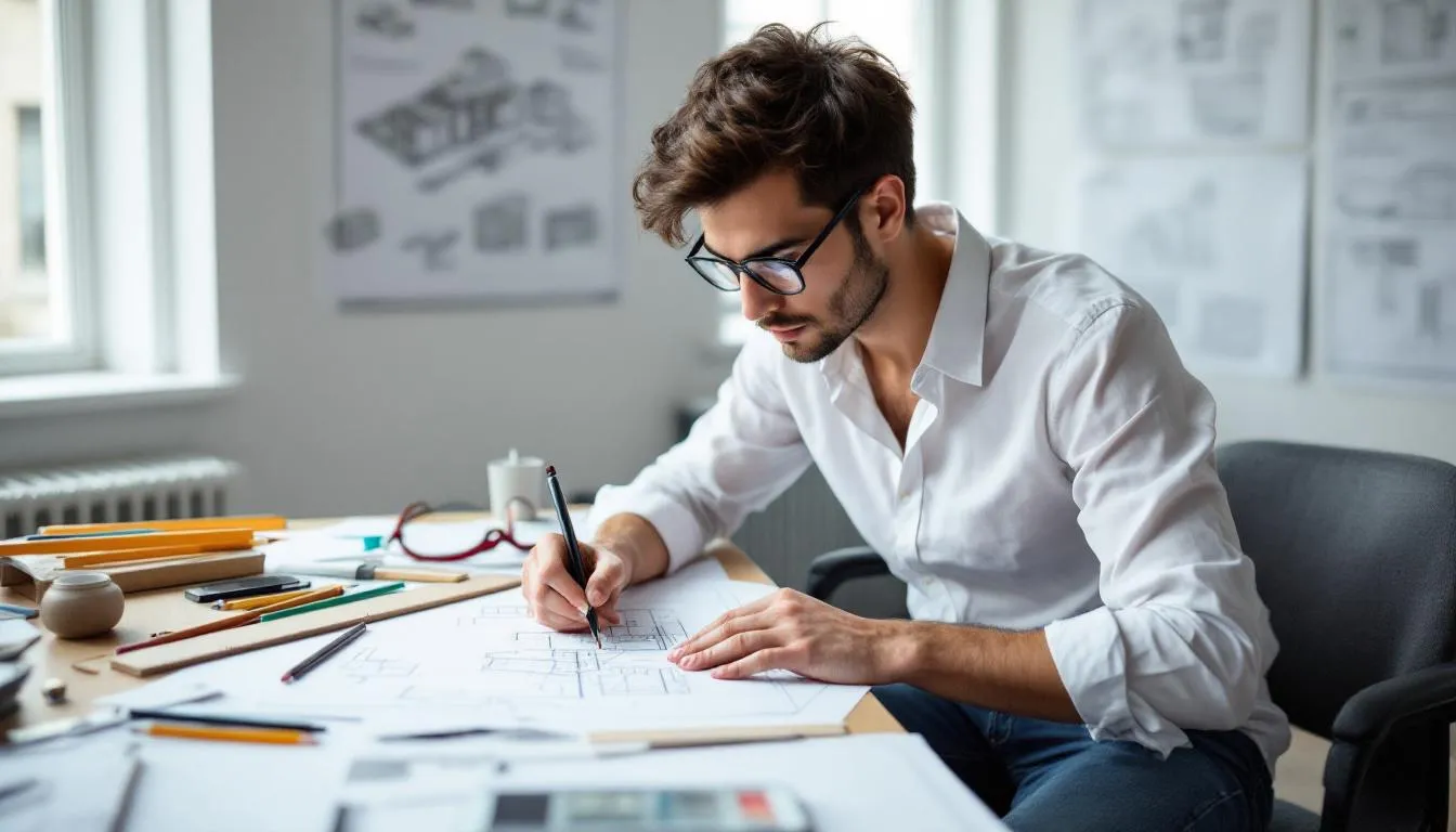 An architecture student is focused on creating detailed building design drawings at a drafting table, showcasing their dedication to the architectural practice and preparation for fulfilling the educational requirements needed for licensure. This environment highlights the importance of project planning and the skills necessary to meet the expectations of clients and state agencies in the field of architecture.