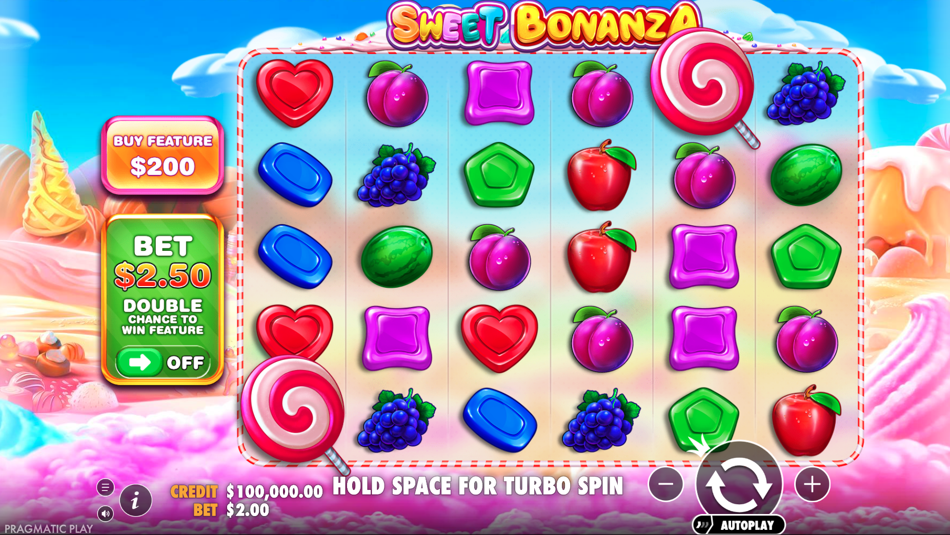 Speelscherm van Sweet Bonanza met fruit, snoep en kleurrijke symbolen.