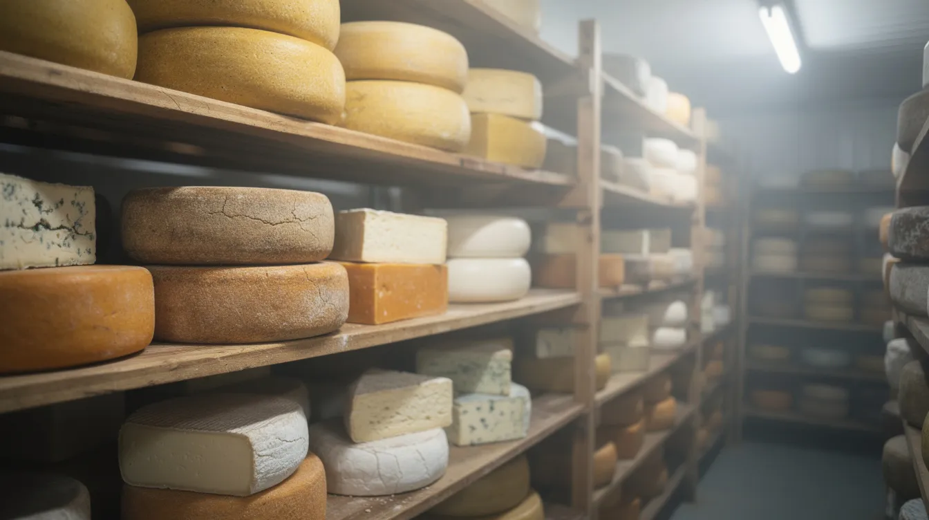 93e9740c c133 4012 bd7a 06898f9d77c9 The image features wheels and blocks of various cheese types, including cheddar and mozzarella, neatly arranged on wooden shelves within a temperature-controlled aging room, highlighting an important aspect of cheese manufacturing in the dairy industry. This setting plays a crucial role in cheese production, influencing the quality and flavor of the final products as they age.