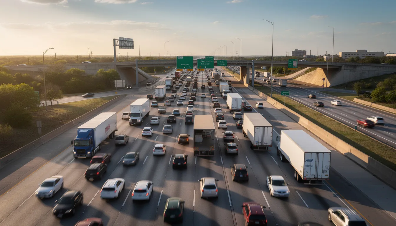 The image depicts heavy traffic on a multi-lane highway in Houston, Texas, filled with commercial trucks and passenger vehicles, reflecting the bustling nature of the city. This scene serves as a reminder of the potential for motor vehicle accidents that can lead to serious brain injuries and the importance of seeking experienced brain injury attorneys in Houston for legal support.