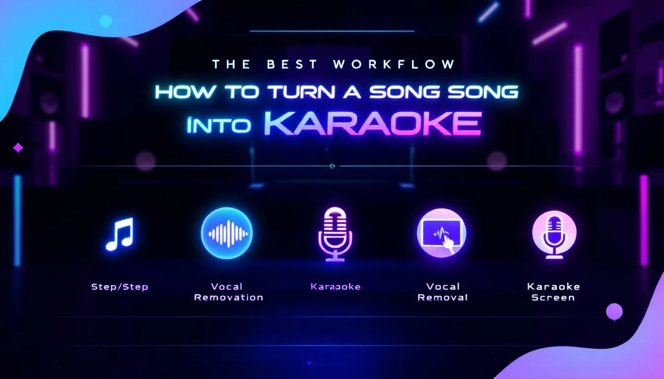 A modern infographic design illustrating the step-by-step workflow for "How to Turn a Song Into Karaoke," set against a dark music studio background with vibrant neon accents. Each step is represented by bold icons, including a music note, audio wave, and microphone, with the headline displayed in large, futuristic typography, emphasizing the process of creating high-quality karaoke tracks.