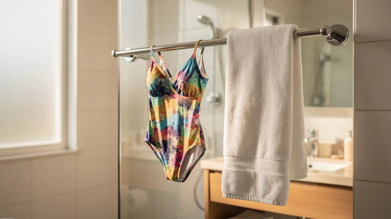 A colorful swimsuit and a soft towel are draped over a shiny shower rod in a bright hotel bathroom, creating a neat and tidy appearance. This setup is ideal for separating clean clothes from dirty items, especially when packing for your next trip.