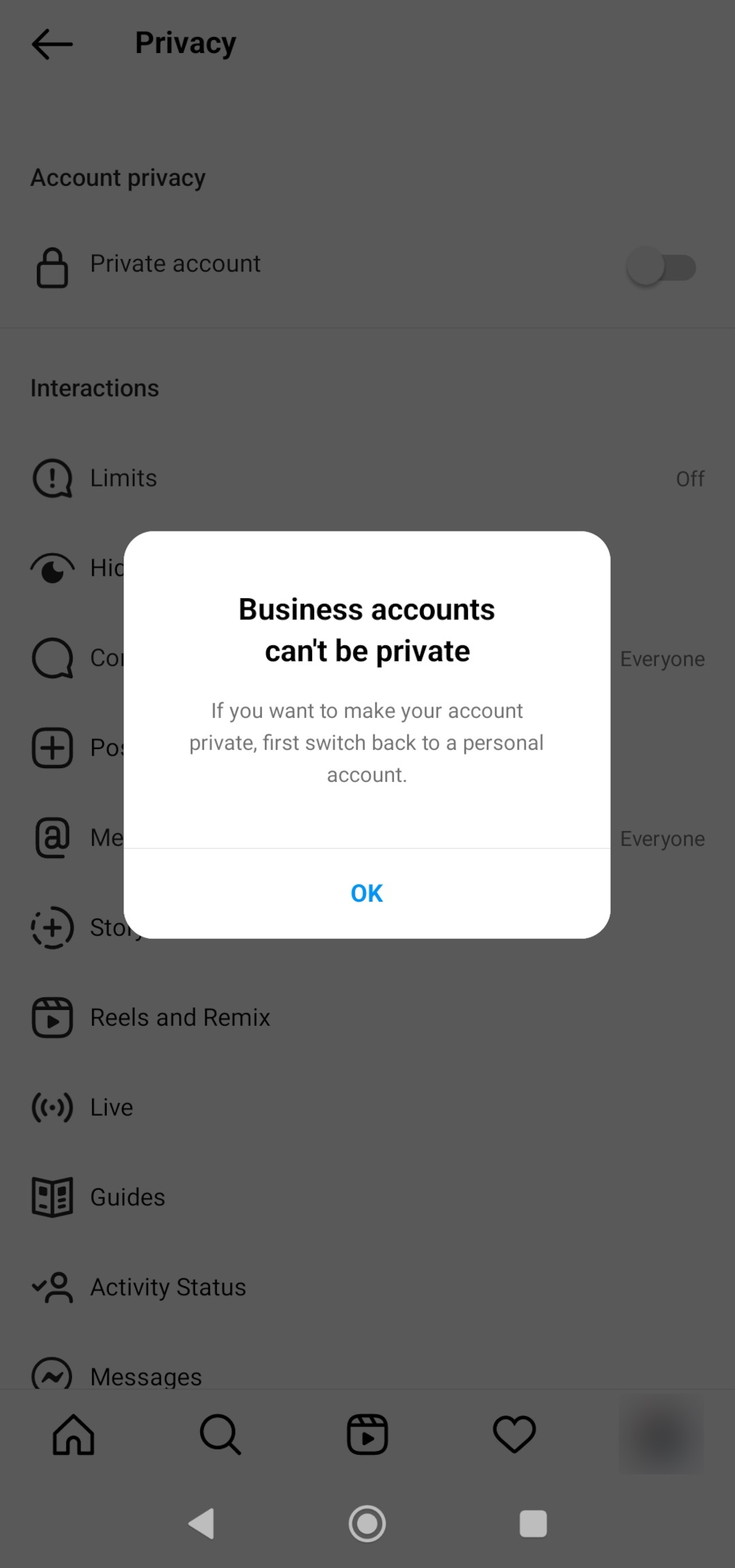 Remote.tools shows that a creator or business Instagram account can't be set to private