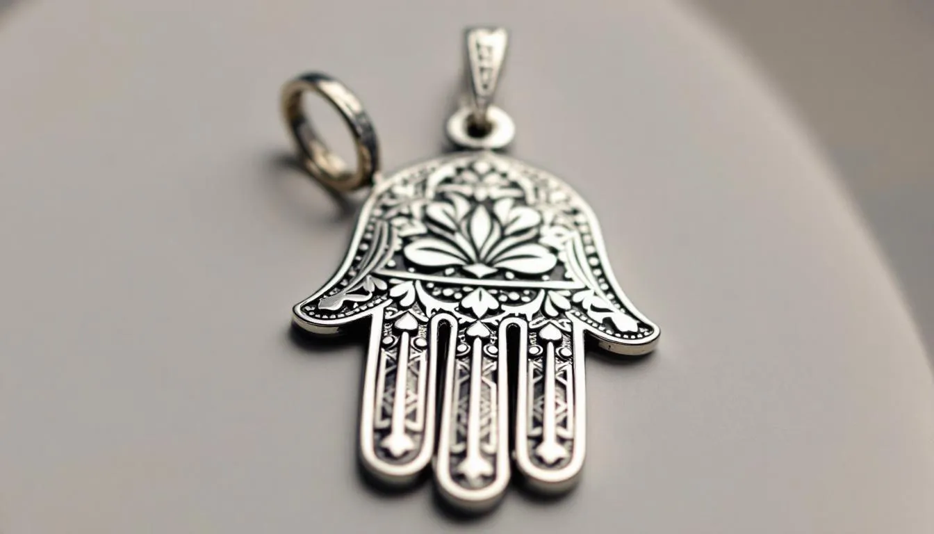 The image showcases a beautifully handcrafted sterling silver hamsa pendant, symbolizing protection and good fortune. The intricate details of the design highlight its modern craftsmanship, making it a perfect piece for everyday wear or gifting.