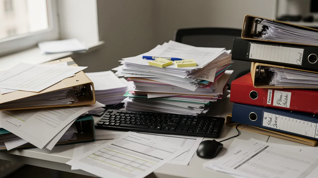 L'immagine mostra una scrivania di ufficio disordinata, con fogli sparsi, cartelle e documenti accumulati, suggerendo una situazione di gestione delle non conformità e necessità di azioni correttive. La mancanza di organizzazione potrebbe ostacolare il processo di audit e la verifica della conformità ai requisiti stabiliti.