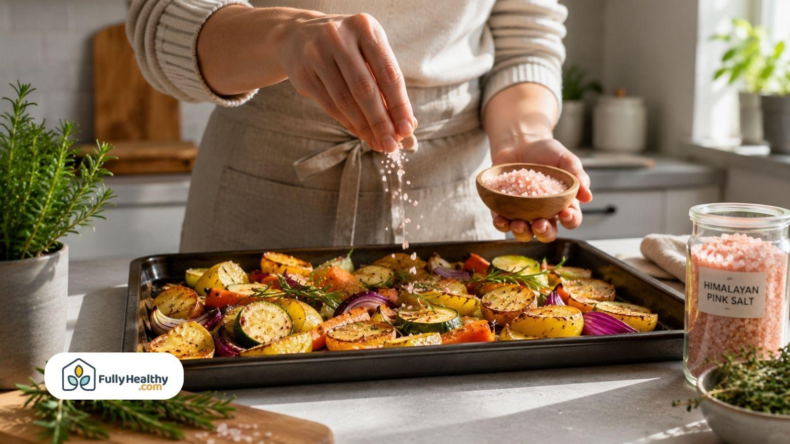 Sprinkling Himalayan pink salt over roasted vegetables on a baking tray in kitchen