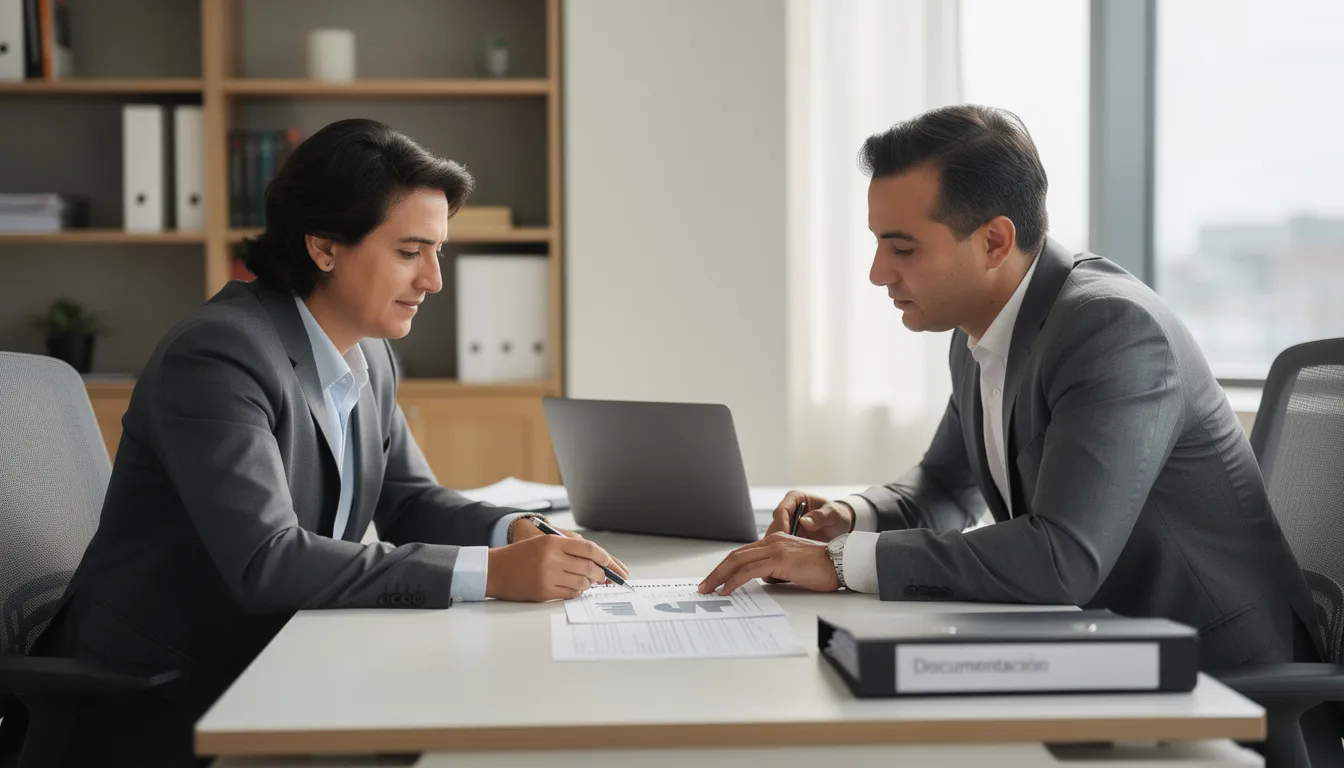 The image shows a person sitting at a desk in consultation with a professional, reviewing documents related to an auto accident case. This scene emphasizes the importance of hiring an abogado de accidentes in Houston to navigate the complexities of accidents automovilísticos en Texas.