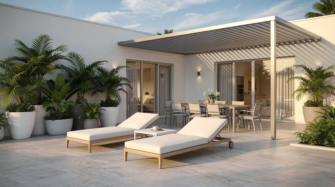 The image depicts a modern South Florida patio featuring light porcelain tiles that create a stylish and versatile outdoor space. Comfortable lounge furniture and planters enhance the area, while a shaded dining section provides a perfect spot for summer gatherings.