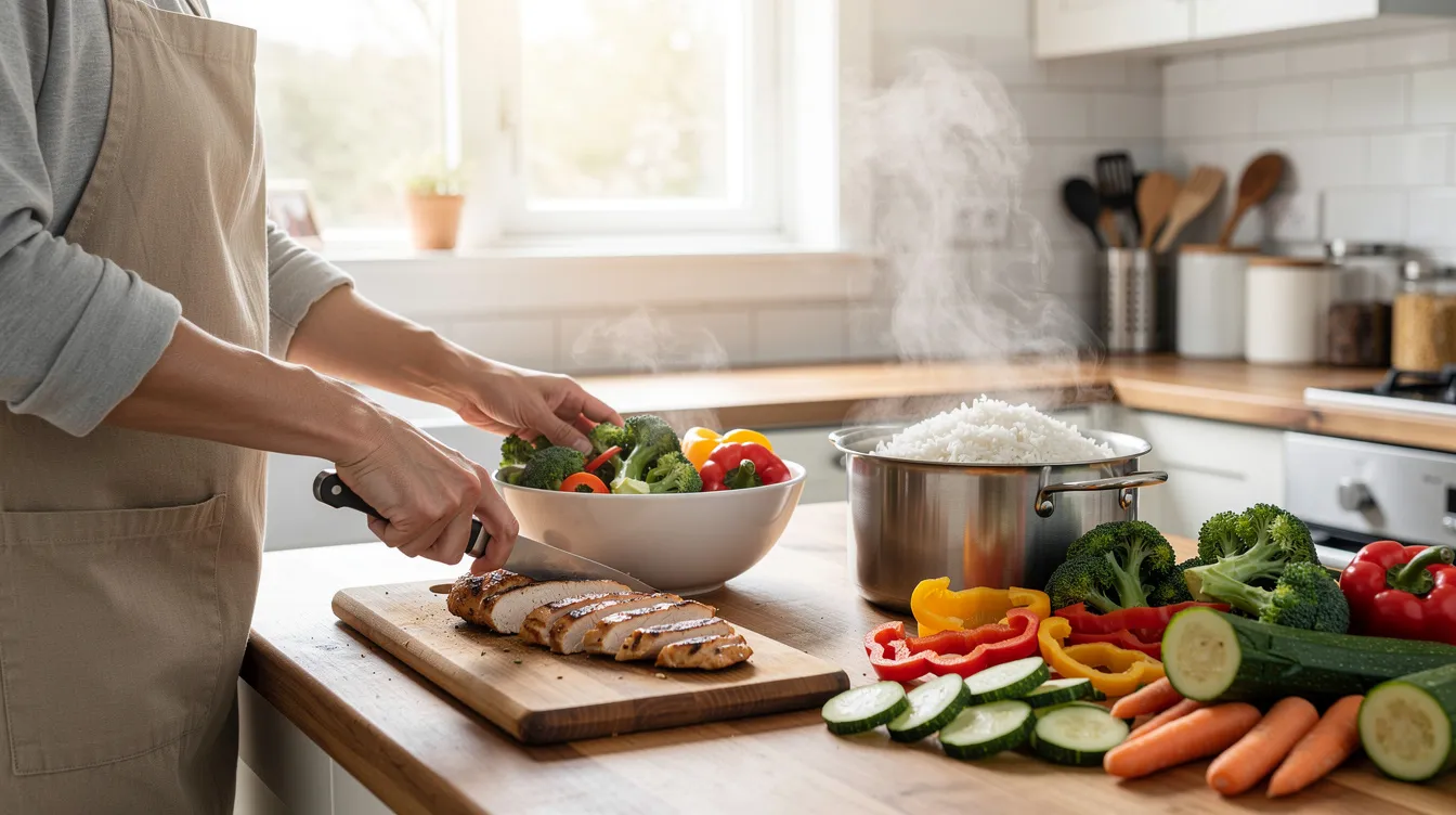 A person is seen in a well-equipped kitchen preparing a healthy high-protein meal consisting of chicken, rice, and colorful vegetables, emphasizing the importance of adequate protein intake for muscle growth and preserving lean muscle mass. This meal aligns with a fitness regimen aimed at promoting muscle protein synthesis and supporting overall athletic performance.