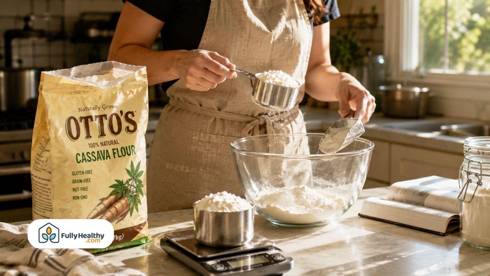 Baker measuring cassava flour into bowl using kitchen scale