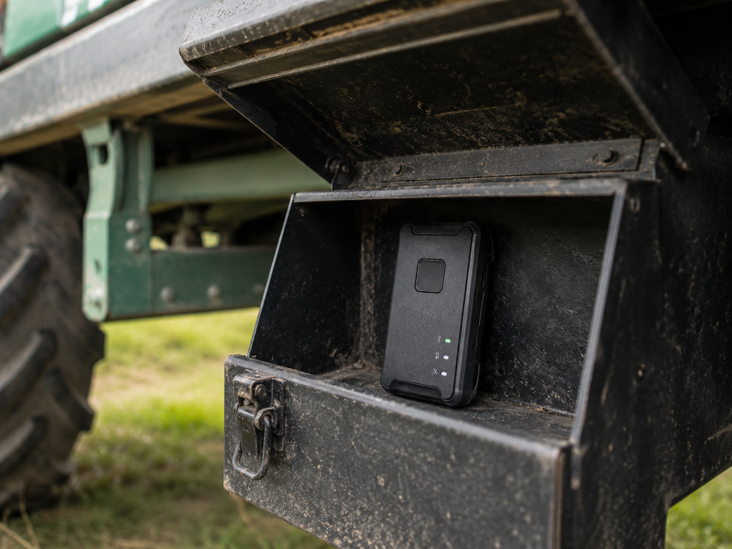 Compact portable GPS tracker hidden inside farm equipment toolbox for theft prevention