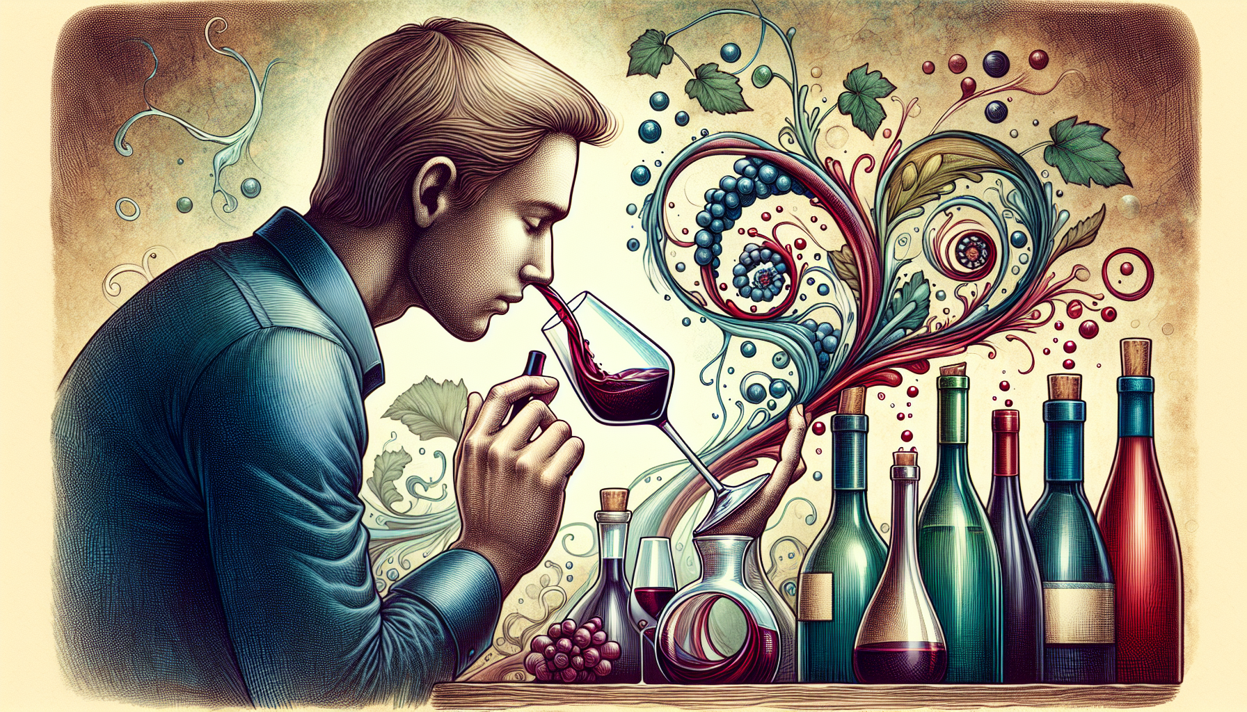 Illustration of a person engaging in wine tasting with various wine glasses and bottles