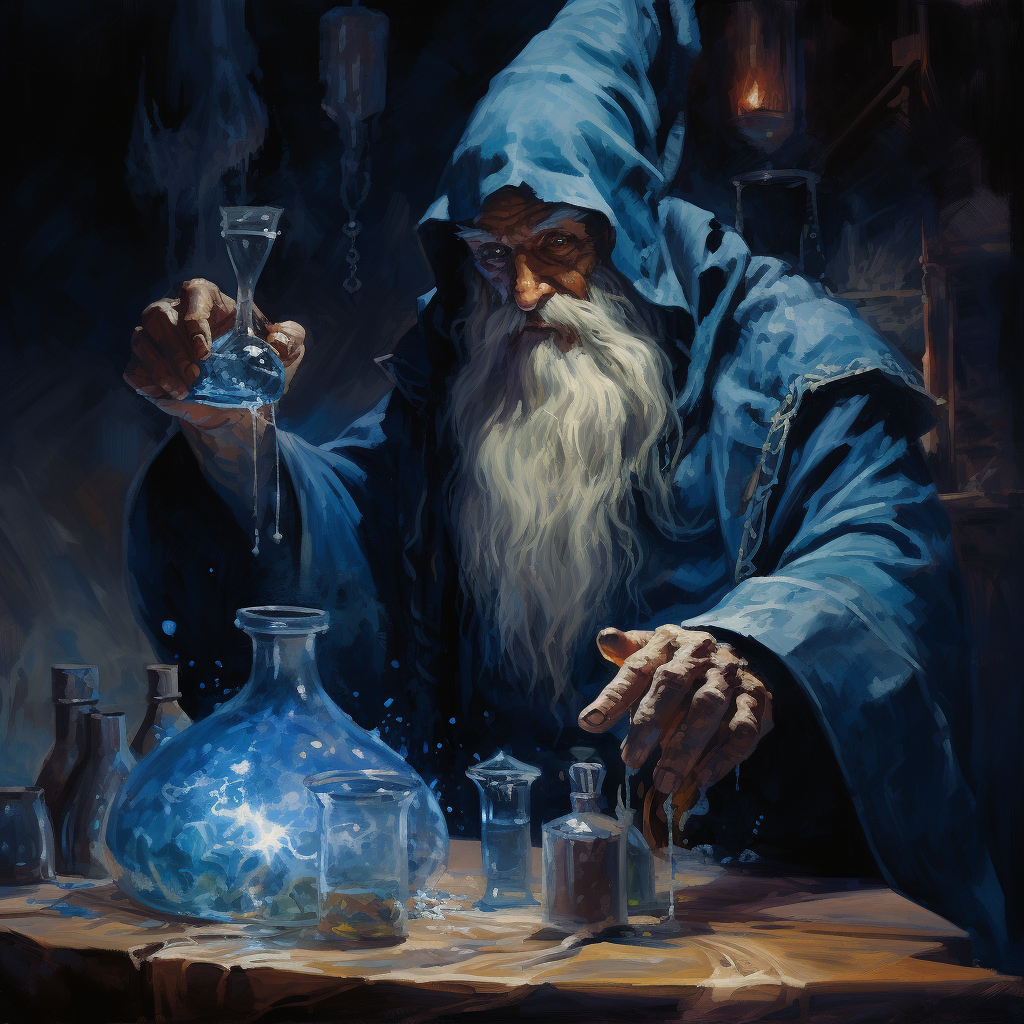 The Wizard swirls his magical concoction in preparation, the potion in his hands will provide him the extra boost of arcane power he needs to cast his greatest spell yet!