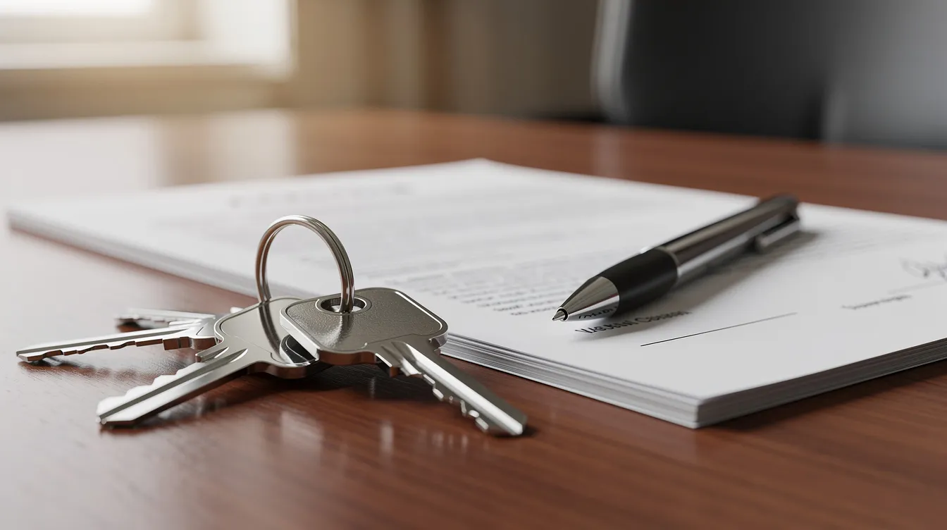 The image shows a set of house keys resting on a closing table next to a pen and various pieces of paperwork, symbolizing the final steps in a real estate transaction. This scene captures the essence of closing costs and the importance of gap financing options for buyers securing their new property.