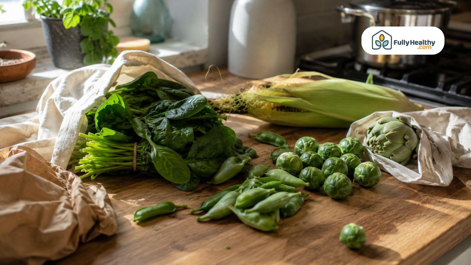 Fresh spinach, Brussels sprouts, peas, corn, and artichokes arranged naturally on a sunlit kitchen counter.