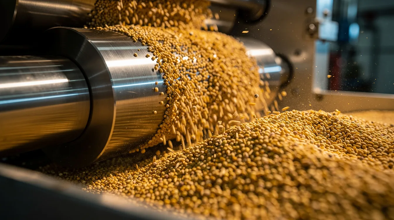 A close-up view of golden-colored raw pulses being processed through industrial steel rollers in a dal mill plant, showcasing the dehulling and splitting pulses operation. The image highlights the precision engineering of the dal mill machine, ensuring clean pulses and high-quality output.