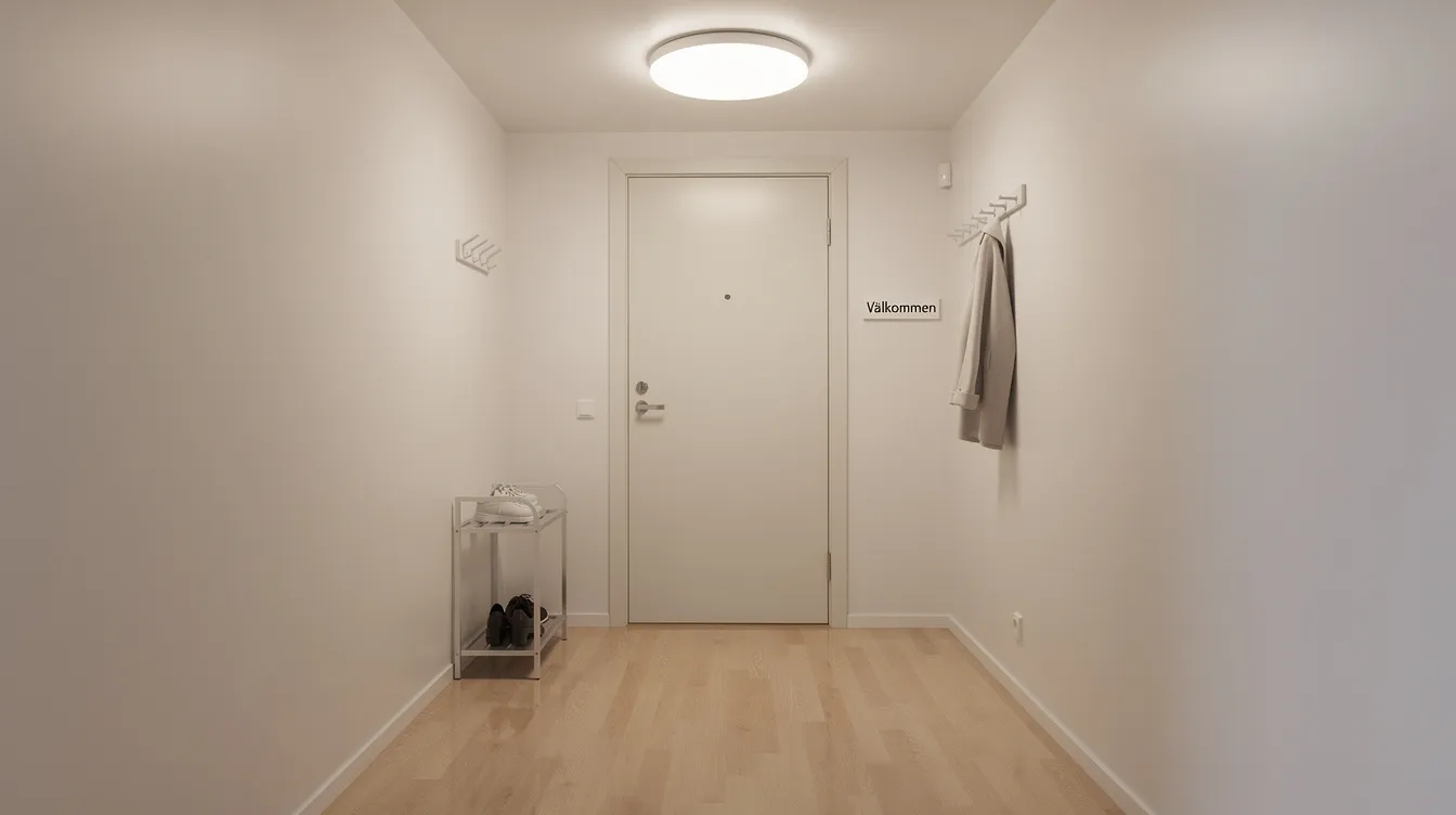 En smal ljus hall med en rund takplafond som sitter nära taket, vilket ger ett mjukt och jämnt ljus över ytterdörren. Plafonden fungerar praktiskt som belysning och skapar en välkomnande känsla i rummet.