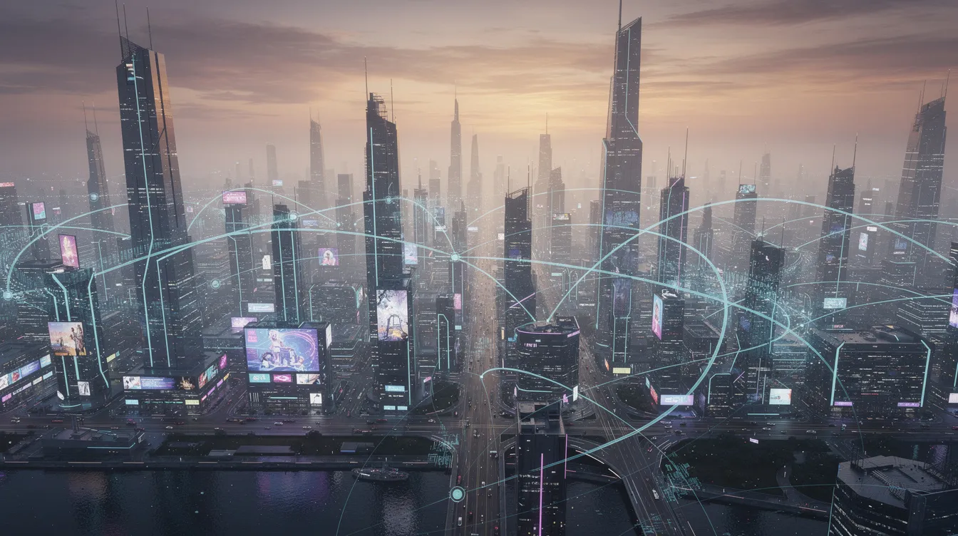 The image depicts a futuristic city skyline at dusk, illuminated by vibrant lights, with digital network connections overlaying the buildings, symbolizing the integration of financial data analytics tools for financial institutions. This visual represents the advanced financial analytics capabilities that provide actionable insights and enhance financial performance in modern urban environments.
