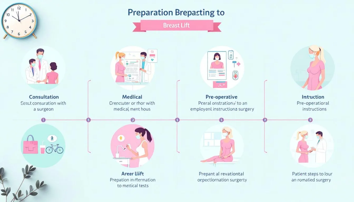 Un'infografica che illustra le fasi di preparazione all'intervento di lifting del seno.