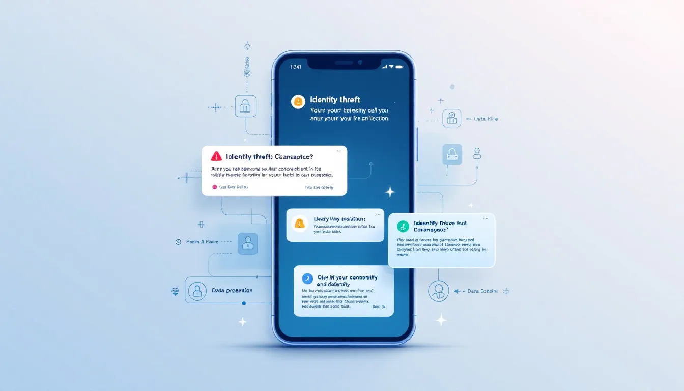 A visual representation of monitoring and alerts for identity theft, showing a phone with alert notifications.