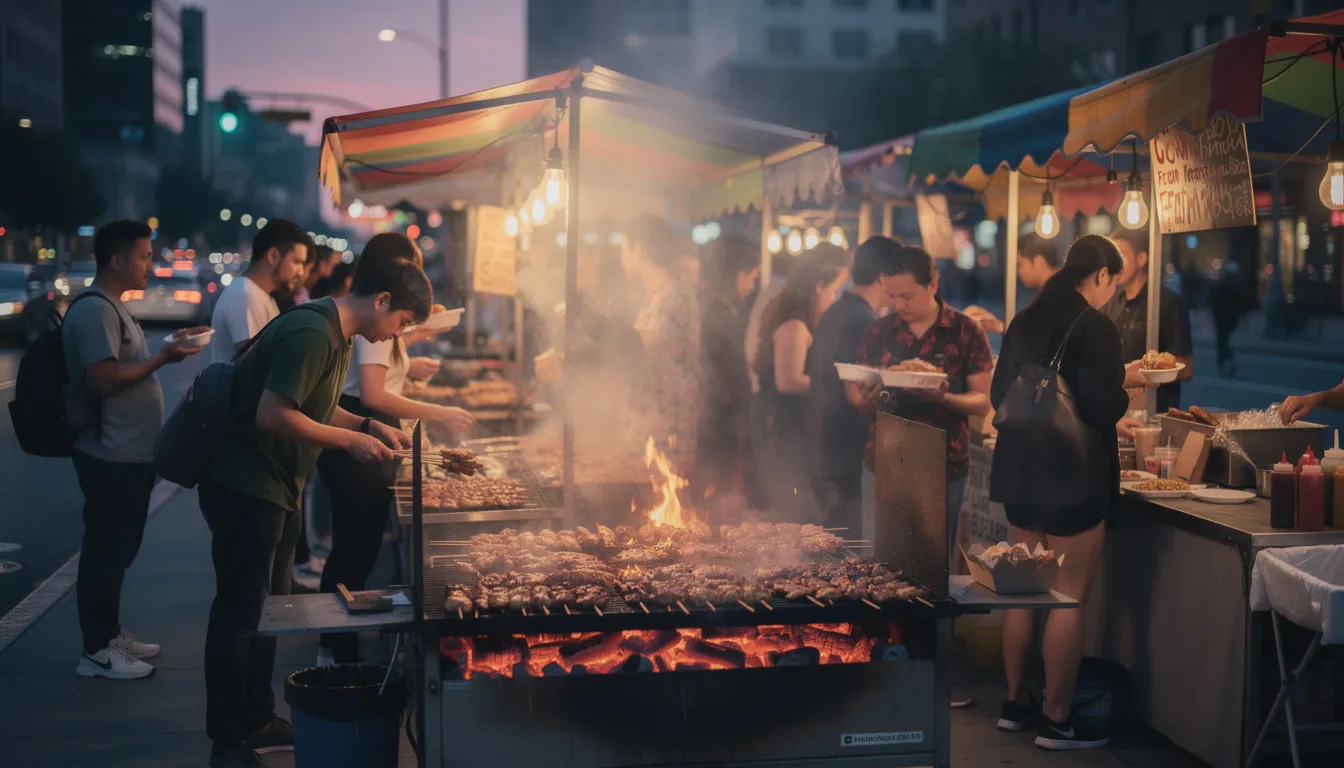 Una escena bulliciosa de comida callejera en la costa de Marfil, donde se puede ver pollo a la parrilla en una parrilla de carbón, con humo ascendiendo y personas reunidas alrededor de los puestos de comida al atardecer. La gastronomía de esta región de África occidental incluye platos variados, como yuca y salsa de tomate, que atraen a los transeúntes.