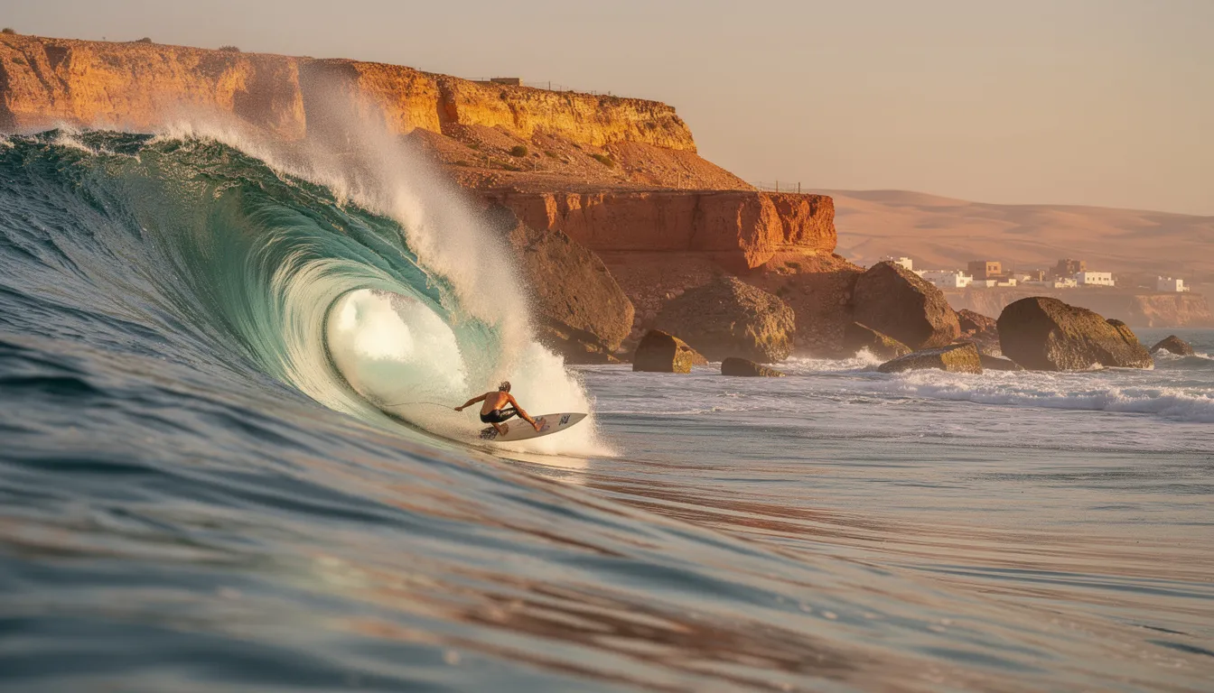 A surfer skillfully rides a long right-hand wave at a Moroccan point break, with a rocky coastline and the beautiful ocean in the background. This scene captures the essence of surfing in Morocco, showcasing perfect waves ideal for intermediate and advanced surfers.