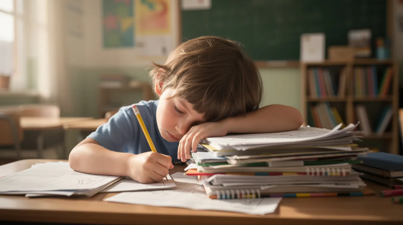 A weary primary school student rests their forehead on a stack of papers at a classroom desk, holding a pencil in hand, reflecting the challenges of sustained attention during their learning journey. The scene captures the stress and fatigue that can accompany exam preparation, highlighting the need for effective classroom strategies to support students' mental health and focus.