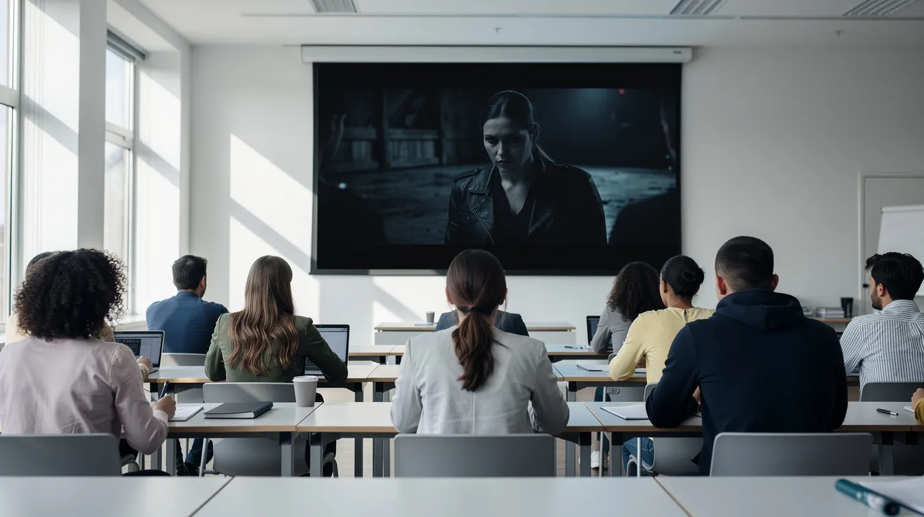 Der helle Seminarraum ist mit Studierenden gefüllt, die gebannt auf eine große Leinwand schauen, auf der ein düsterer Science-Fiction-Film projiziert wird, möglicherweise inspiriert von Christopher Nolans "Inception". Die Zuschauer scheinen in die komplexe Traumwelt des Films einzutauchen, während sie die Handlung und die Charaktere wie Dom Cobb, gespielt von Leonardo DiCaprio, verfolgen.