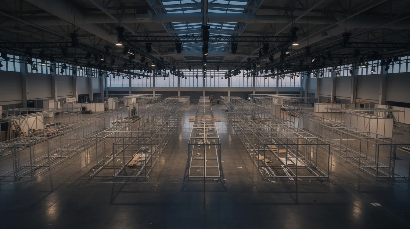 The image depicts an empty convention hall at dusk, showcasing overhead rigging and booth frameworks that hint at future installations for digital signage and interactive displays. The space, typically vibrant during trade shows, is now quiet, awaiting the advanced AV technology and dynamic lighting that will engage audiences and create a lasting impression.