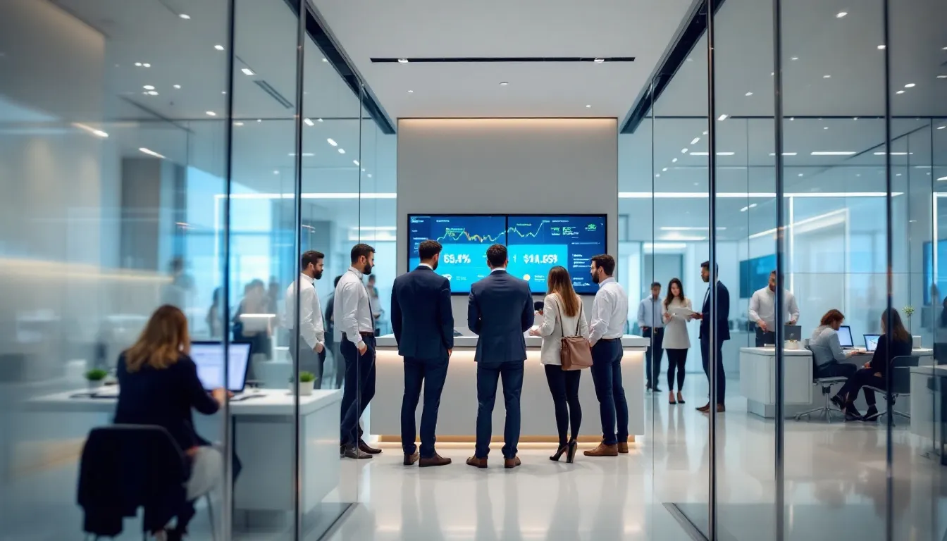 De afbeelding toont een moderne bank waar mensen druk bezig zijn met het uitvoeren van financiële transacties. Op de achtergrond zijn schermen zichtbaar met informatie over verdachte transacties en maatregelen ter voorkoming van witwassen en criminele activiteiten.