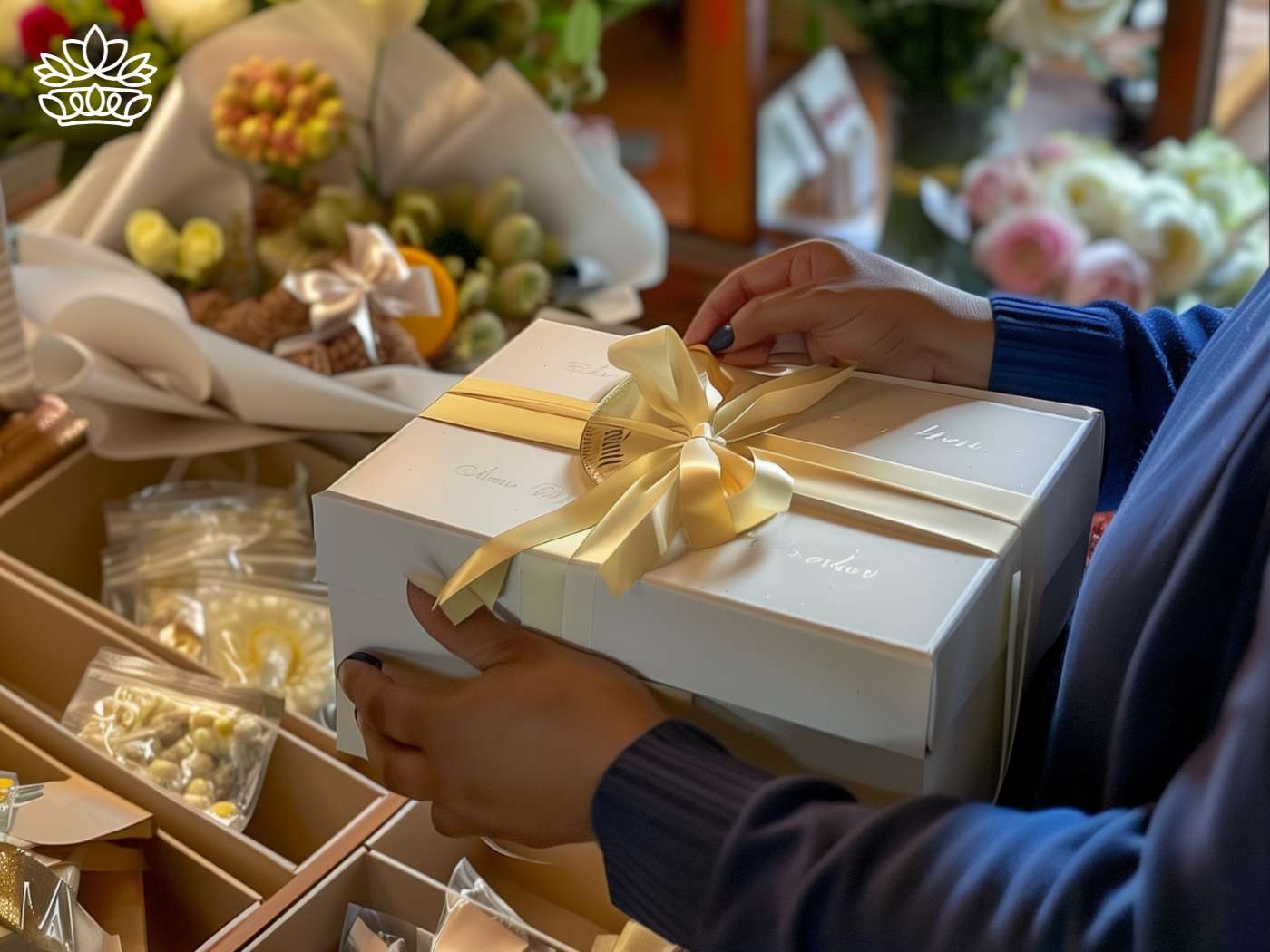 Hands carefully tying a golden ribbon on a pristine white gift box, indicative of the thoughtful and personalised gifting experience provided by Fabulous Flowers and Gifts.