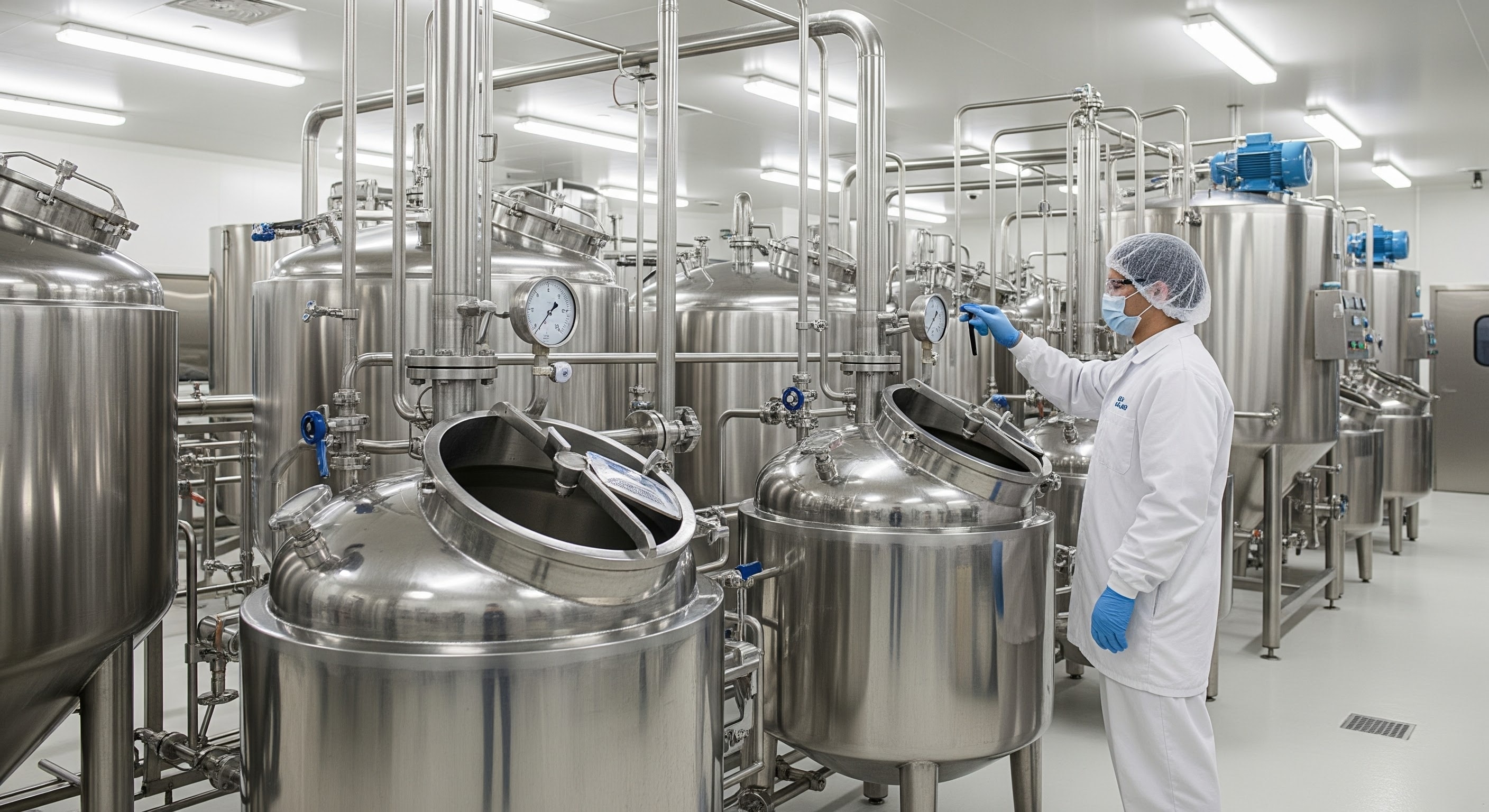 clean stainless steel beverage processing facility, mixing tanks and jacketed kettles, operator with PPE, sterile environment