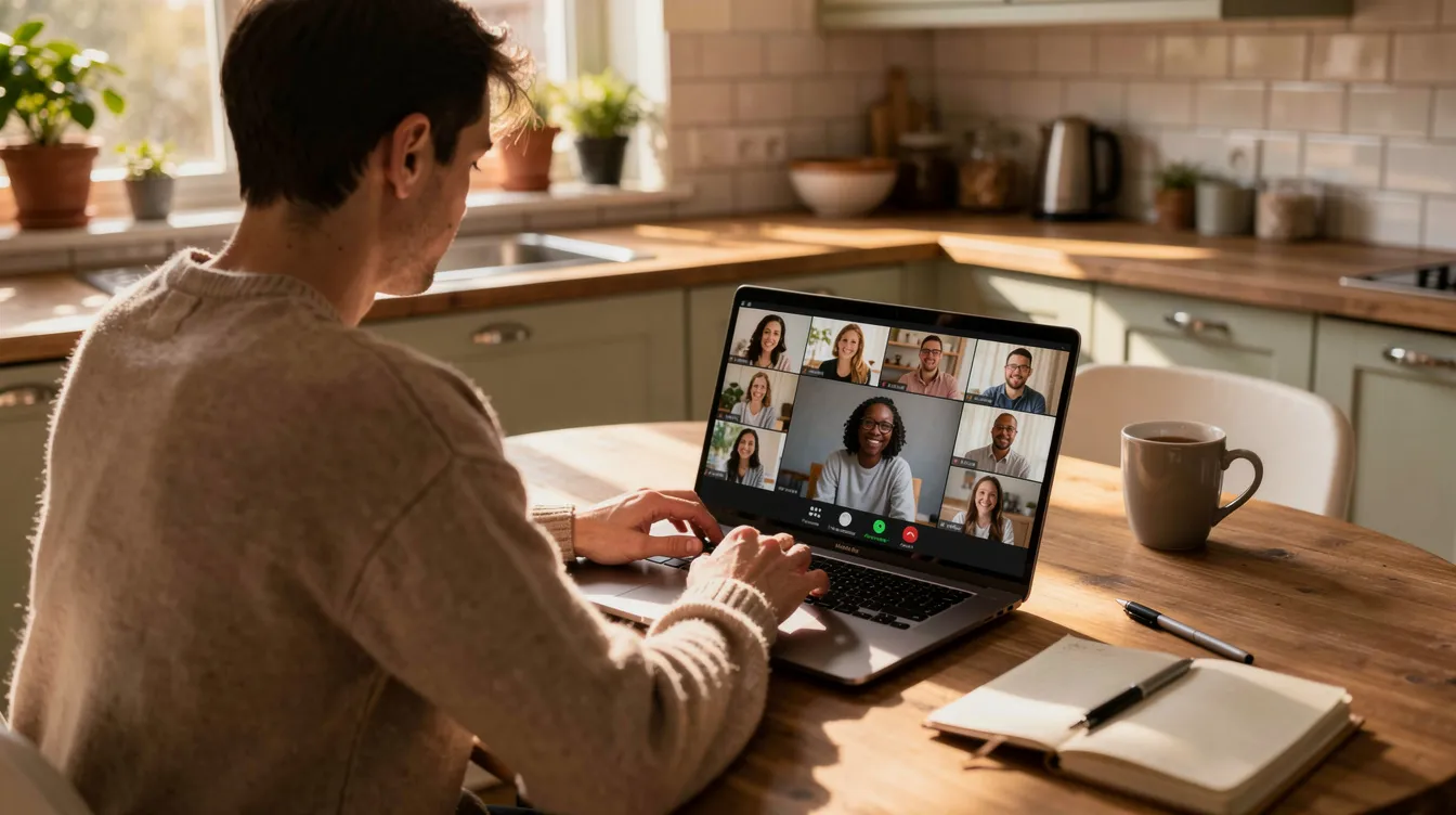A person is seated at a kitchen table, focused on their laptop during a video call, which may involve discussing their financial situation, including topics like bankruptcy filing or mortgage payments. The warm, inviting kitchen setting contrasts with the serious nature of the conversation about managing debt and the bankruptcy process.