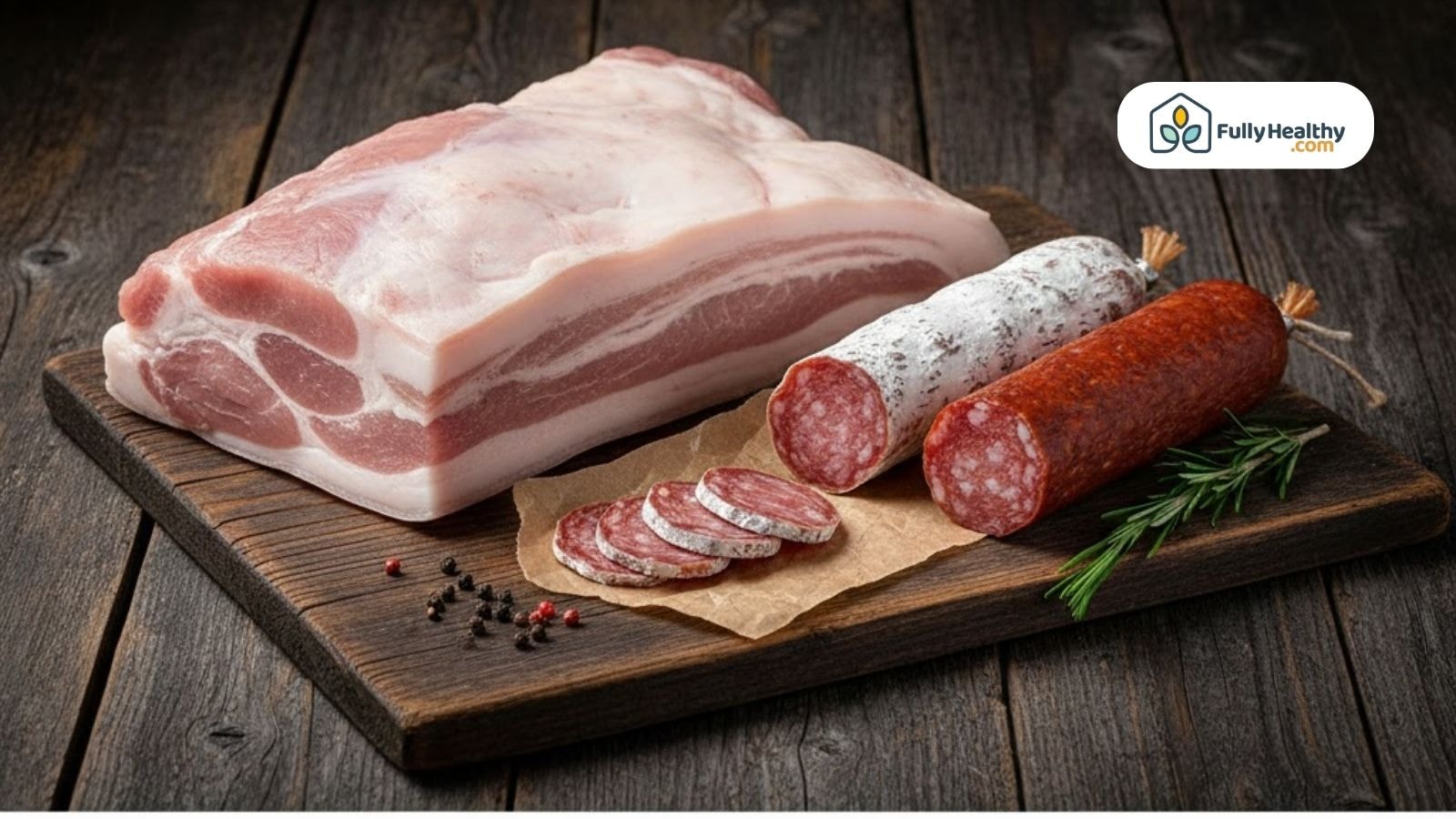 Raw pork meat and sliced salami on wooden board.