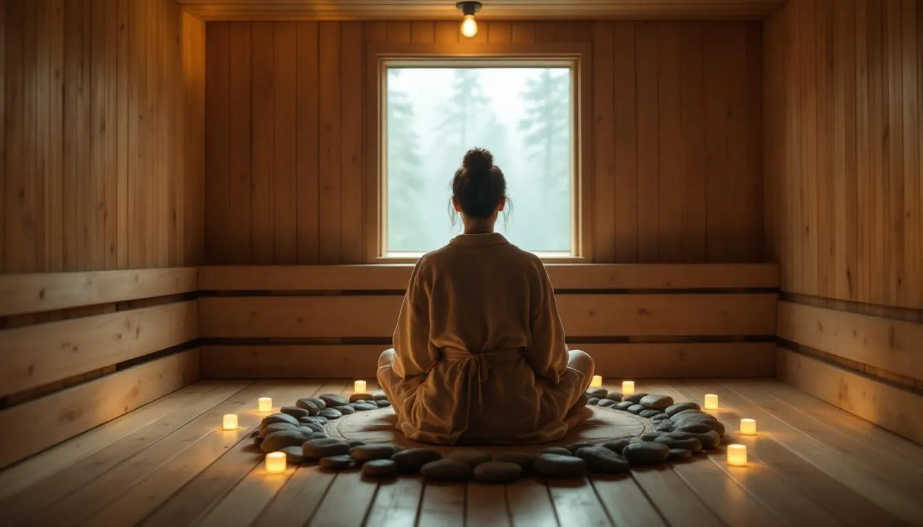 A person sits peacefully in a wooden sauna, surrounded by meditation stones, enjoying the intense heat and the numerous health benefits of their sauna session. The serene environment enhances relaxation, promoting overall well-being and aiding muscle recovery.